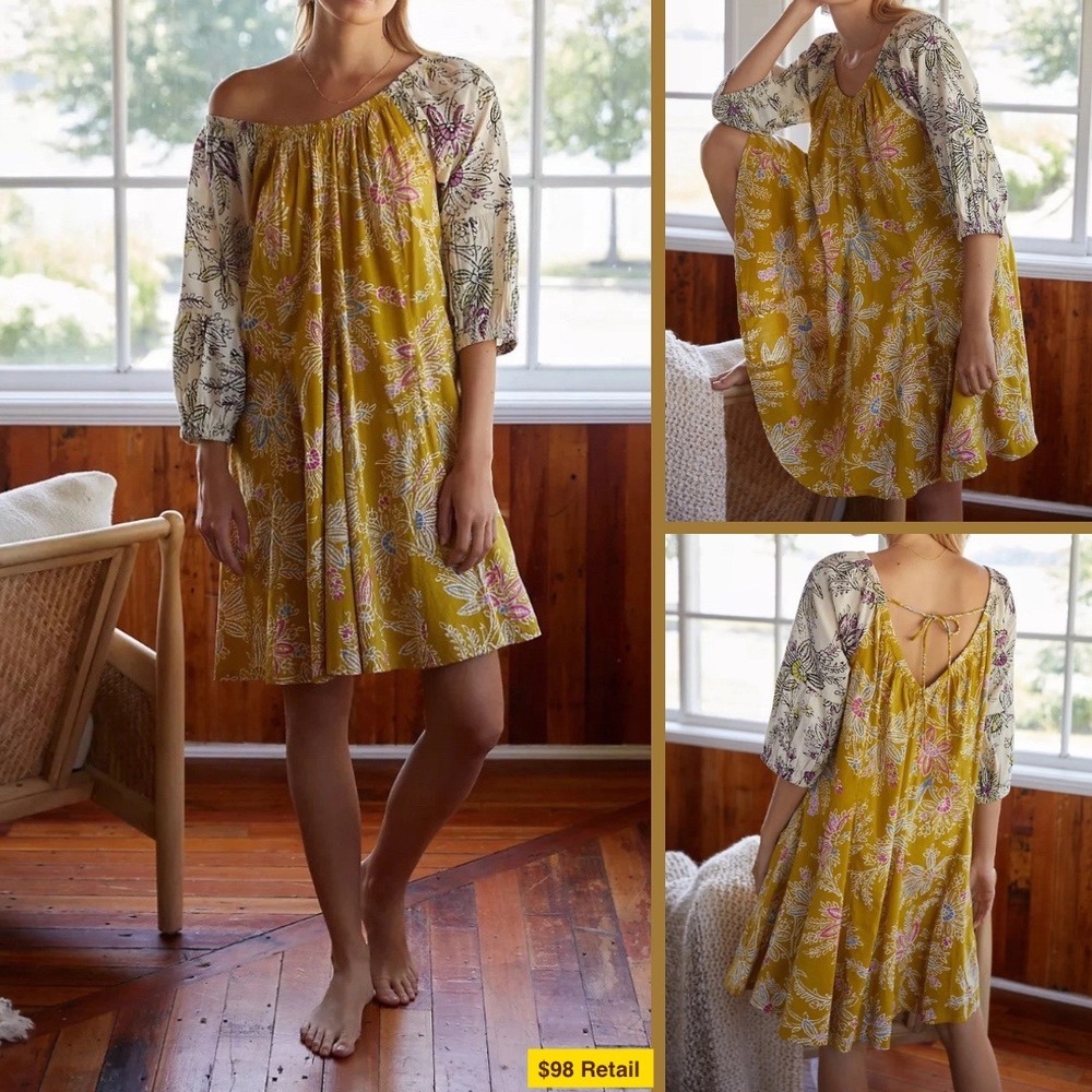 Anthropologie DAILY PRACTICE Mollie Tunic Dress Sze S Yellow Floral Boho Western